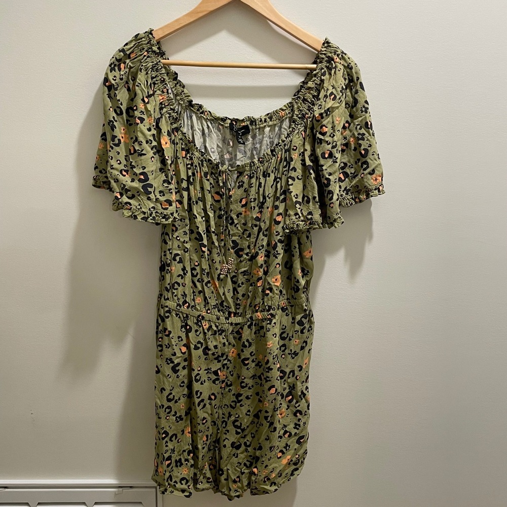 Jessica Simpson Womens‎ 1X Olive Green Leopard Floral Off Shoulder Romper Plus